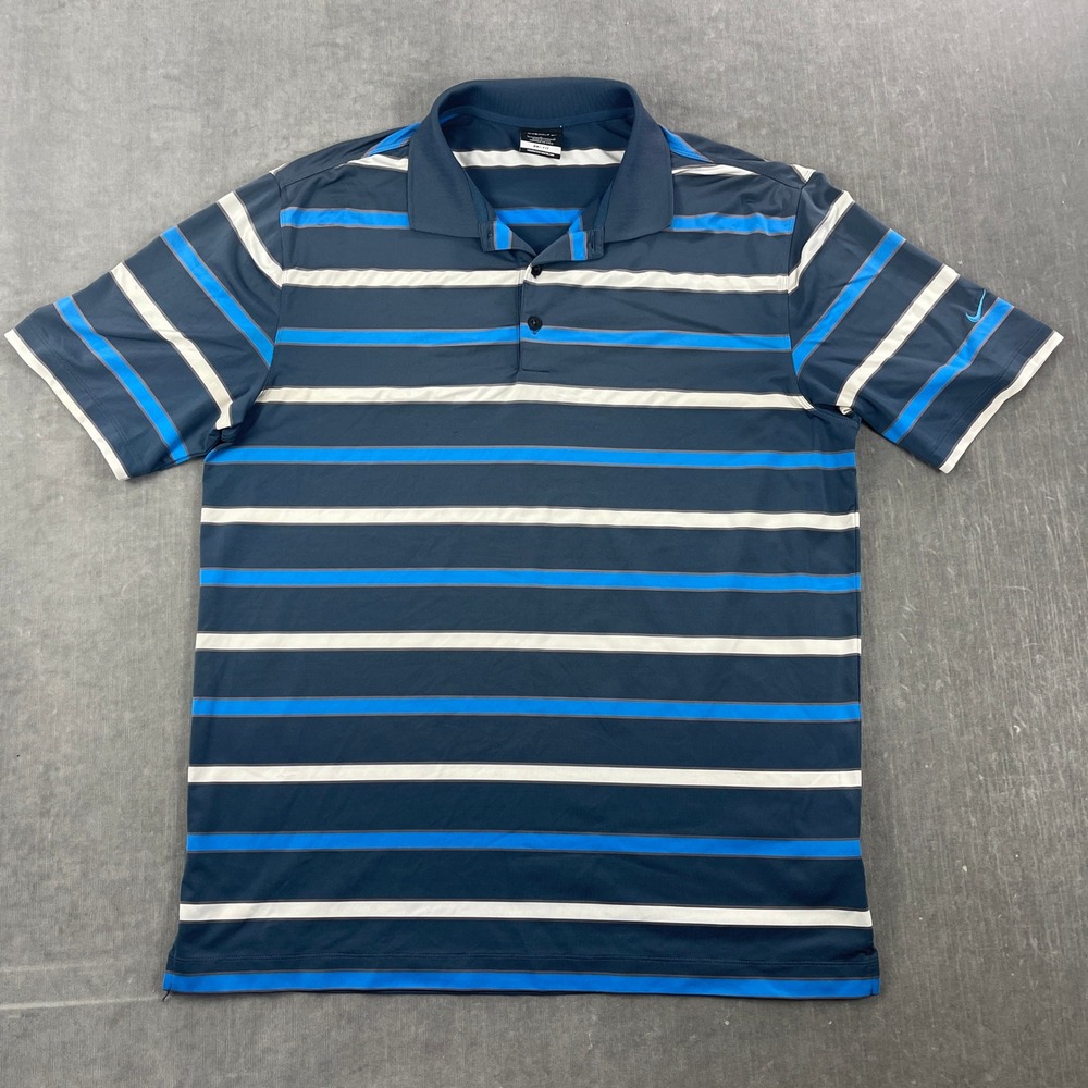 Nike Men Large Blue Striped Polo Shirt Dri-Fit Golf Performance Short Sleeve - Picture 1 of 7